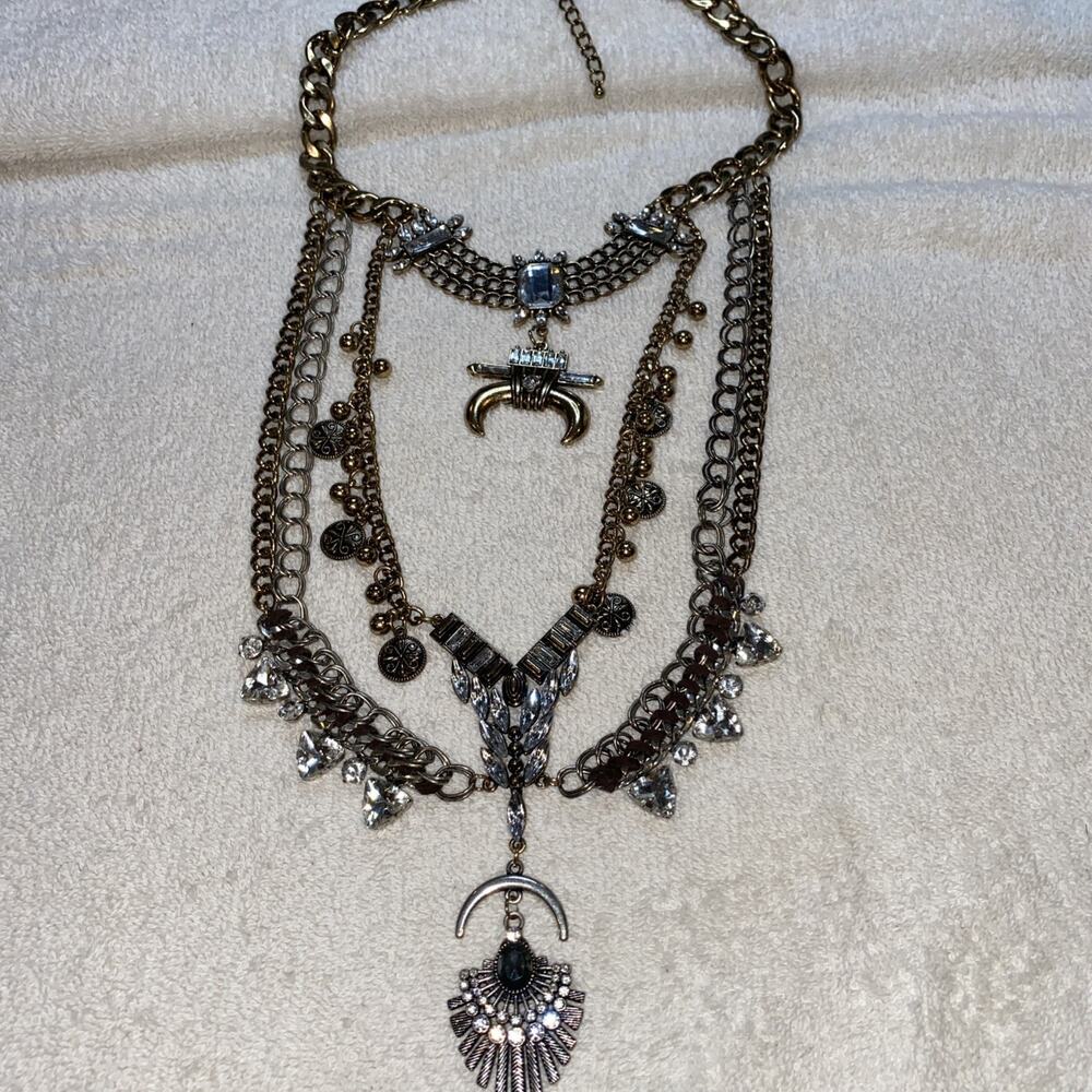 Multi Row Mixed Metals Chunky Brass Tone Horn Tribal Statement Collar Necklace